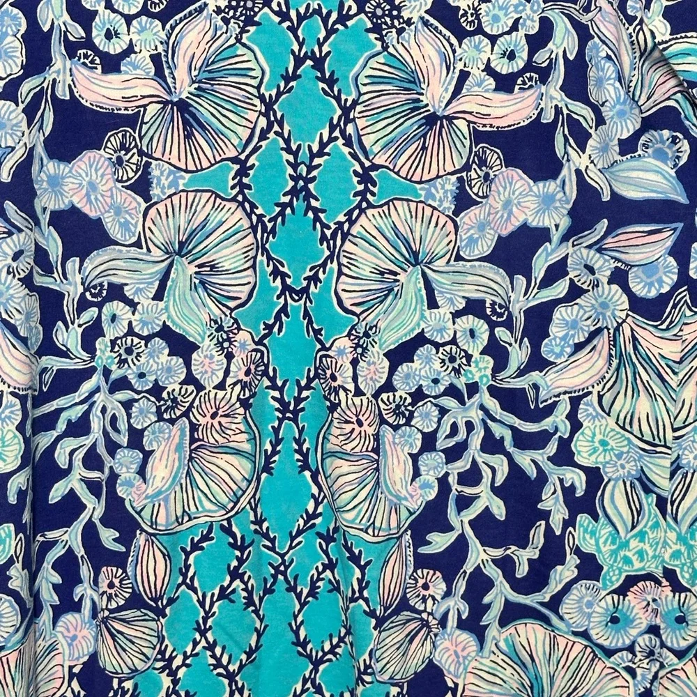 Lilly Pulitzer Navy Blue Shell Print Cotton‎ 3/4 Sleeve Knot Back Dress Women S
